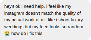 Message from a wedding photographer about their feed