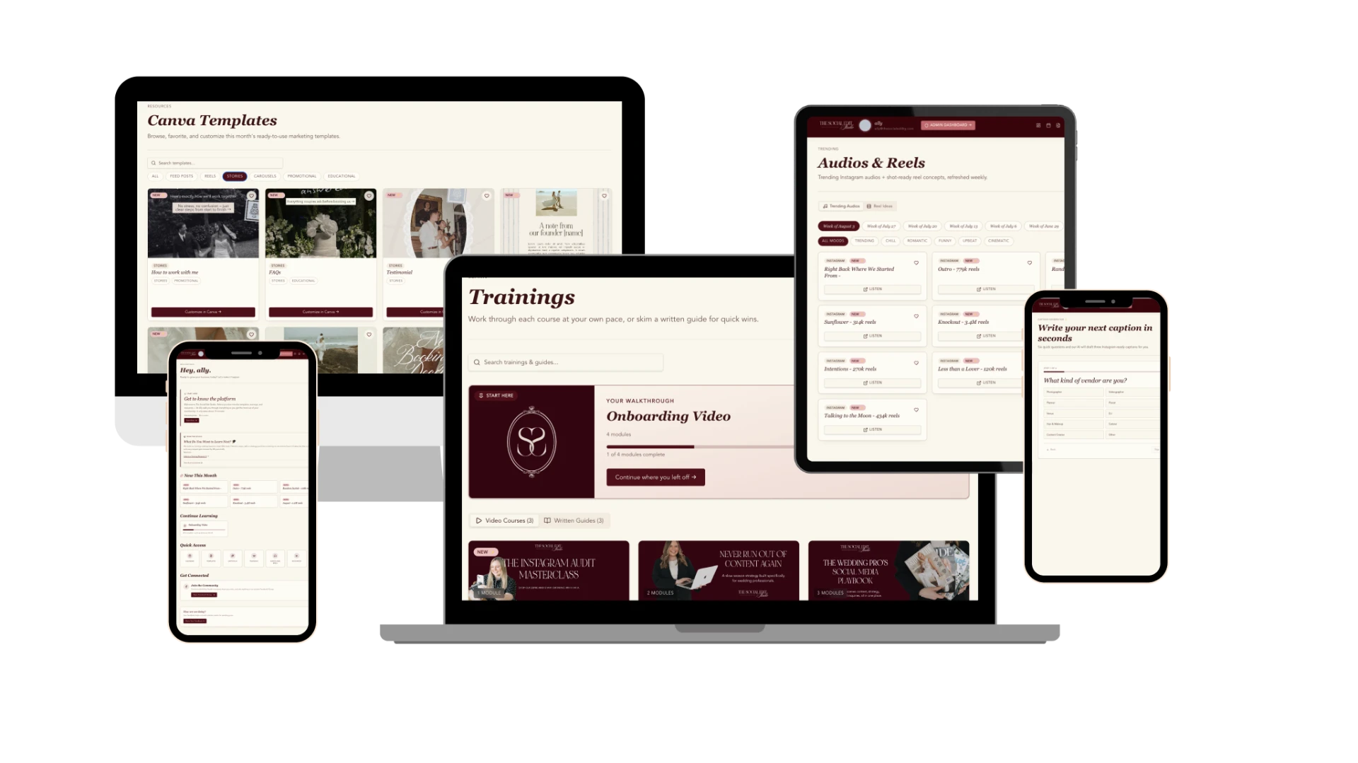 Caption prompt templates shown across desktop and mobile for wedding vendors